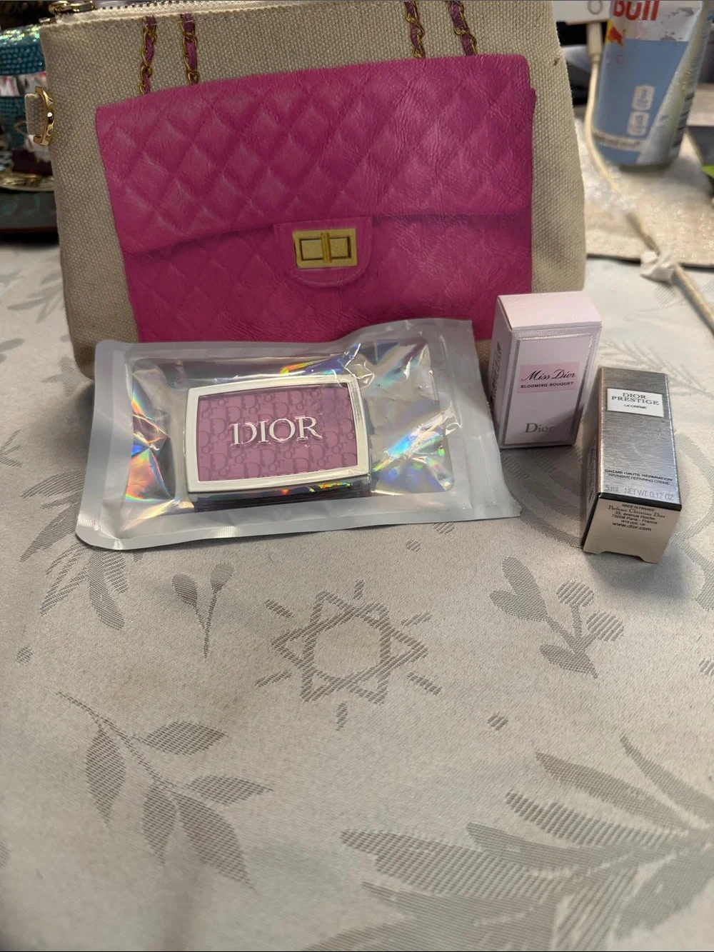 Hot Pink Quilted Cosmetic Pouch with Dior Mini Fragrance & Compact